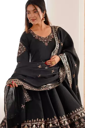 Black Color Embroidery Sequence Work Roman Silk Gown Set