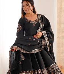 Black Color Embroidery Sequence Work Roman Silk Gown Set