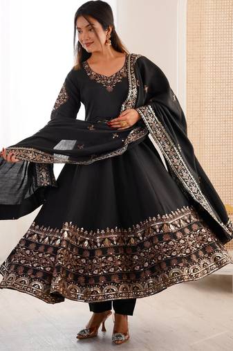 Black Color Embroidery Sequence Work Roman Silk Gown Set