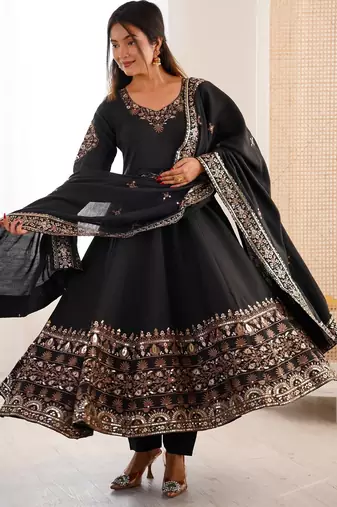 Black Color Embroidery Sequence Work Roman Silk Gown Set