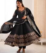 Black Color Embroidery Sequence Work Roman Silk Gown Set