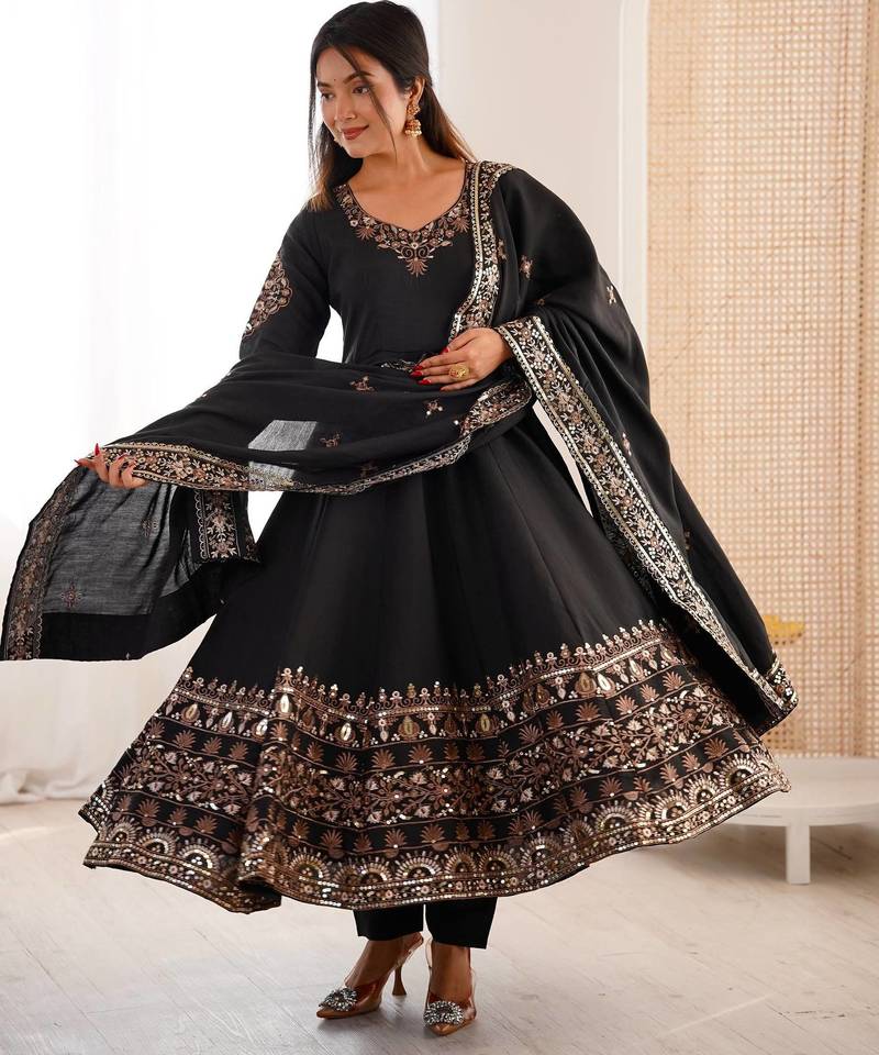 Black Color Embroidery Sequence Work Roman Silk Gown Set