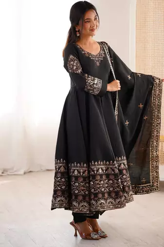 Black Color Embroidery Sequence Work Roman Silk Gown Set