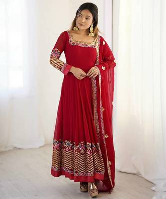Red Heavy Georgette Anarkali Set with Multi-Thread Sequence Work 1