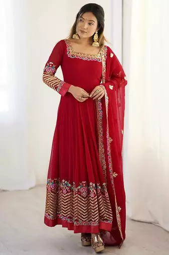 Red Heavy Georgette Anarkali Set with Multi-Thread Sequence Work