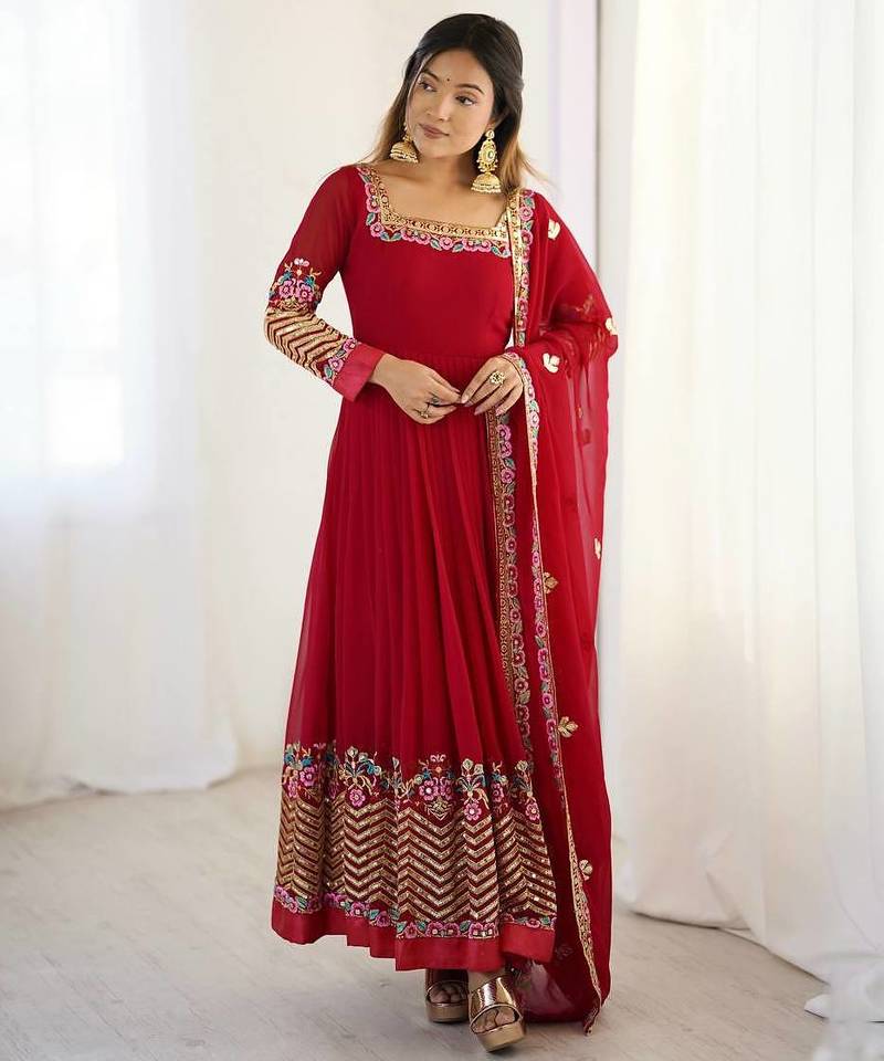 Red Heavy Georgette Anarkali Set with Multi-Thread Sequence Work