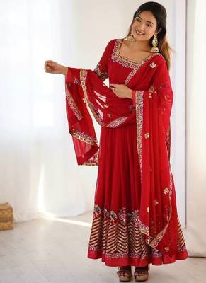 Red Heavy Georgette Anarkali Set with Multi-Thread Sequence Work 2