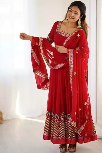 Red Heavy Georgette Anarkali Set with Multi-Thread Sequence Work