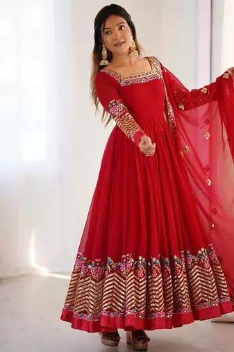 Red Heavy Georgette Anarkali Set with Multi-Thread Sequence Work