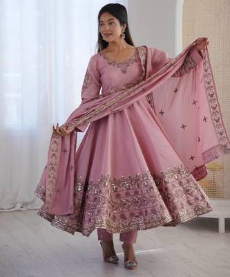 Light Pink Color Embroidery Sequence Work Roman Silk Gown Set 1