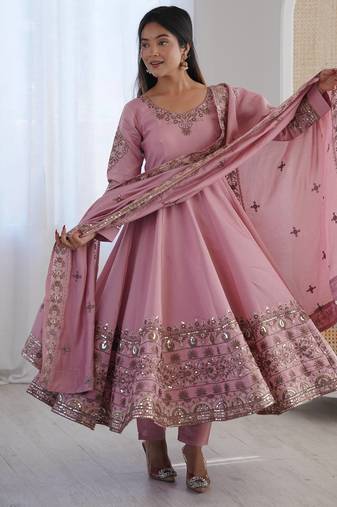 Light Pink Color Embroidery Sequence Work Roman Silk Gown Set