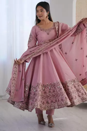 Light Pink Color Embroidery Sequence Work Roman Silk Gown Set