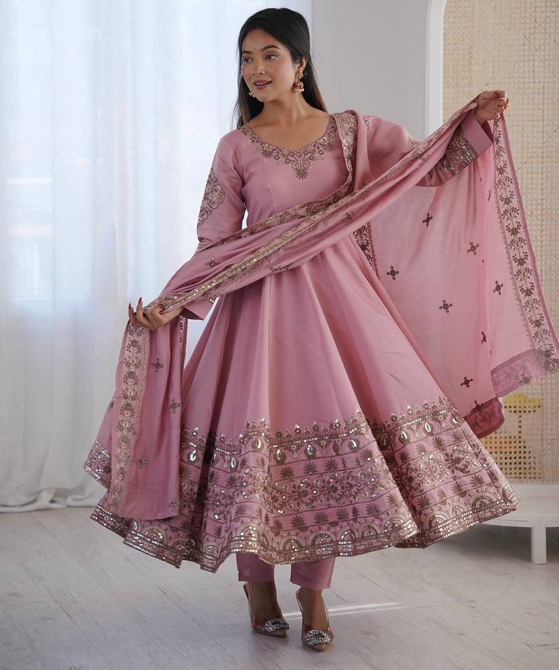 Light Pink Color Embroidery Sequence Work Roman Silk Gown Set