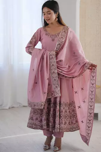 Light Pink Color Embroidery Sequence Work Roman Silk Gown Set