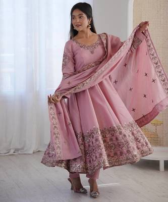 Light Pink Color Embroidery Sequence Work Roman Silk Gown Set 4