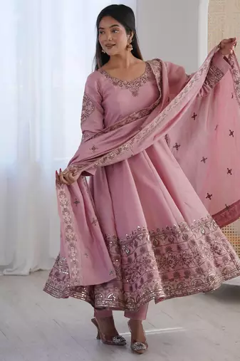 Light Pink Color Embroidery Sequence Work Roman Silk Gown Set