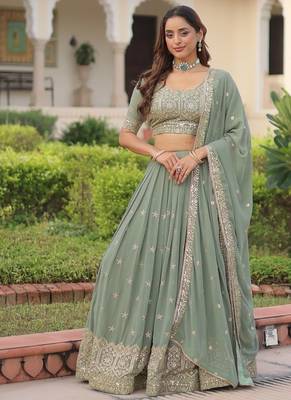 Sea Green Embroidery Georgette Lehenga Set For Women's  1