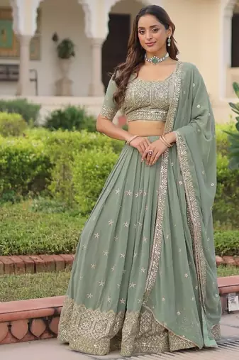 Sea Green Embroidery Georgette Lehenga Set For Women's 