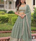 Sea Green Embroidery Georgette Lehenga Set For Women's 
