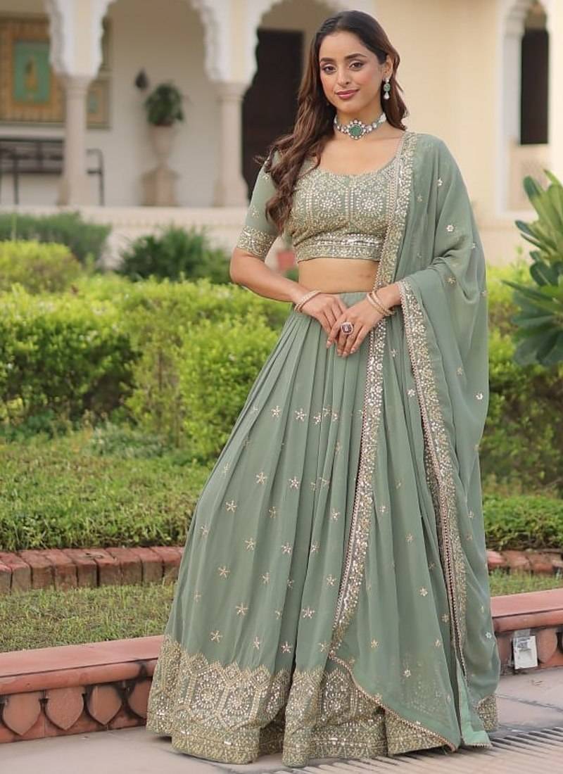 Sea Green Embroidery Georgette Lehenga Set For Women's 