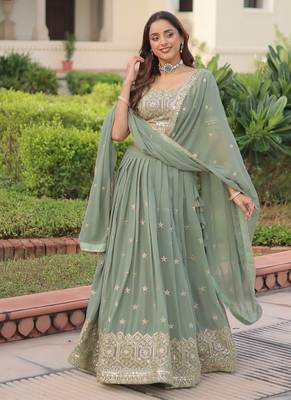 Sea Green Embroidery Georgette Lehenga Set For Women's  3