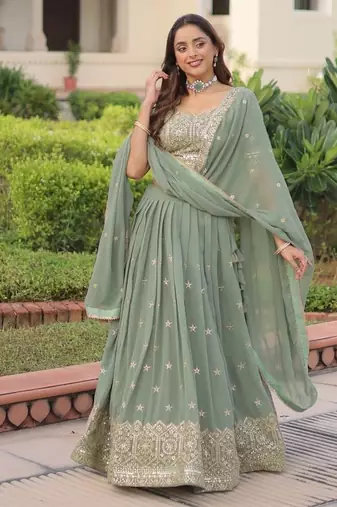 Sea Green Embroidery Georgette Lehenga Set For Women's 