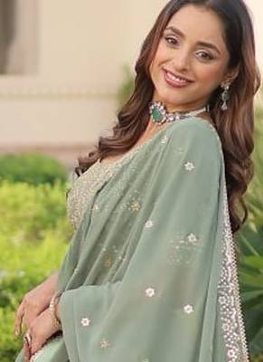 Sea Green Embroidery Georgette Lehenga Set For Women's  4