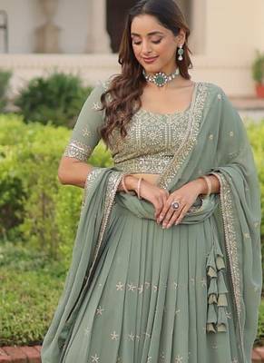 Sea Green Embroidery Georgette Lehenga Set For Women's  5