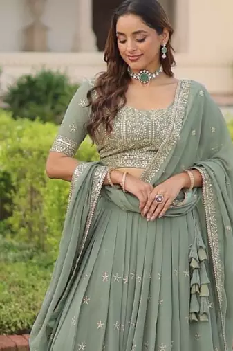 Sea Green Embroidery Georgette Lehenga Set For Women's 