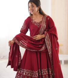 Maroon Color Embroidery Sequence Work Roman Silk Gown Set