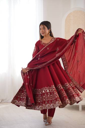 Maroon Color Embroidery Sequence Work Roman Silk Gown Set