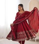 Maroon Color Embroidery Sequence Work Roman Silk Gown Set