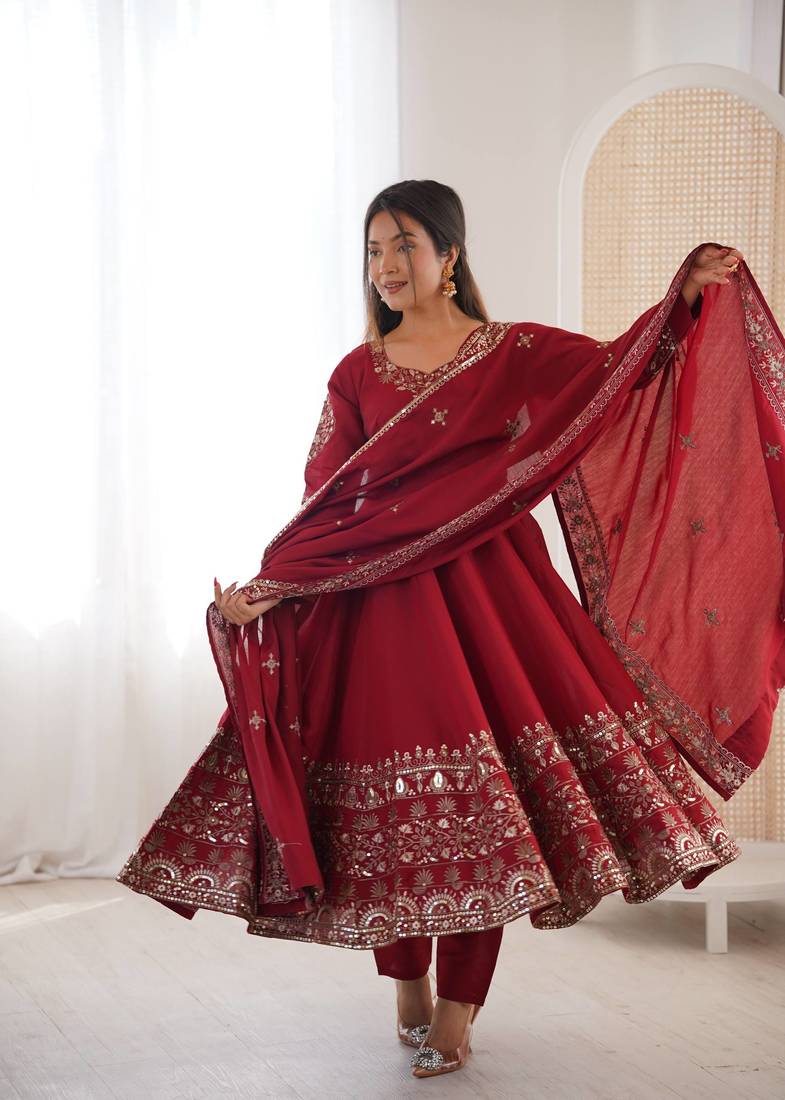 Maroon Color Embroidery Sequence Work Roman Silk Gown Set