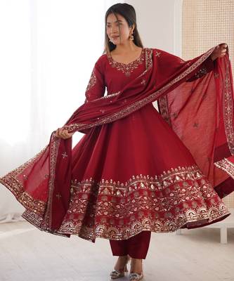 Maroon Color Embroidery Sequence Work Roman Silk Gown Set 3