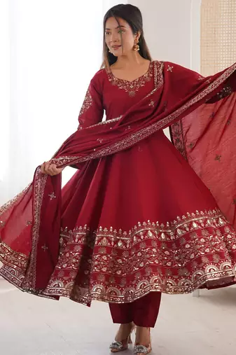 Maroon Color Embroidery Sequence Work Roman Silk Gown Set