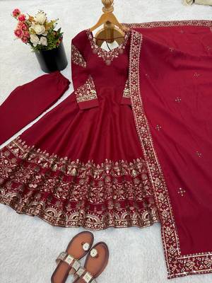 Maroon Color Embroidery Sequence Work Roman Silk Gown Set 5