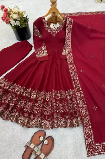 Maroon Color Embroidery Sequence Work Roman Silk Gown Set