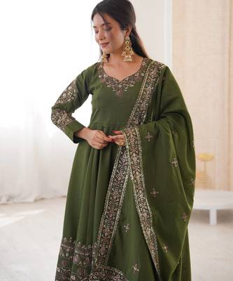 Olive Color Embroidery Sequence Work Roman Silk Gown Set 2