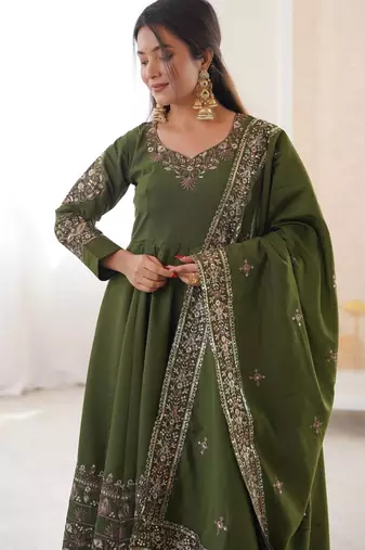 Olive Color Embroidery Sequence Work Roman Silk Gown Set