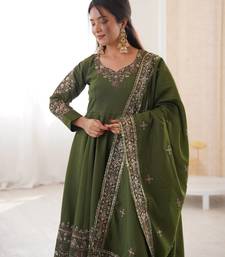 Olive Color Embroidery Sequence Work Roman Silk Gown Set