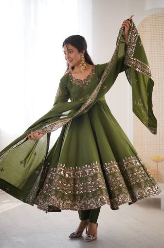 Olive Color Embroidery Sequence Work Roman Silk Gown Set