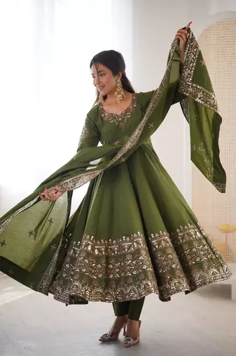 Olive Color Embroidery Sequence Work Roman Silk Gown Set