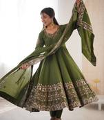 Olive Color Embroidery Sequence Work Roman Silk Gown Set