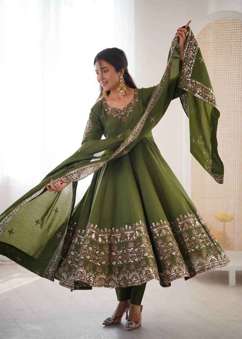 Olive Color Embroidery Sequence Work Roman Silk Gown Set