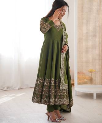 Olive Color Embroidery Sequence Work Roman Silk Gown Set 3