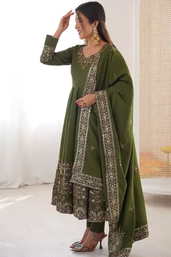 Olive Color Embroidery Sequence Work Roman Silk Gown Set