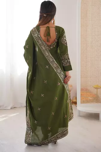 Olive Color Embroidery Sequence Work Roman Silk Gown Set