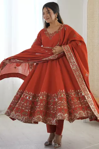 Orange Color Embroidery Sequence Work Roman Silk Gown Set