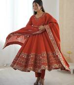 Orange Color Embroidery Sequence Work Roman Silk Gown Set