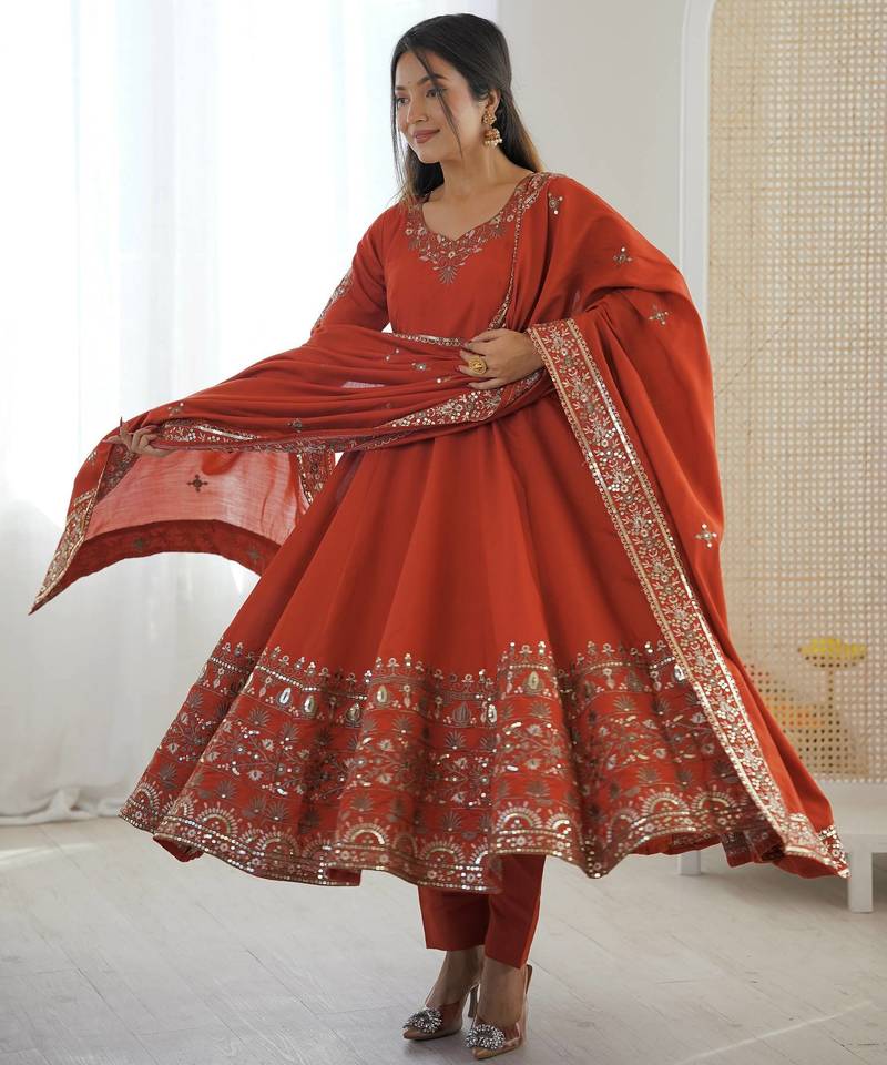 Orange Color Embroidery Sequence Work Roman Silk Gown Set